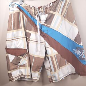 RON JON Board Shorts Mens 36 Unlined Swim Trunks Brown Blue